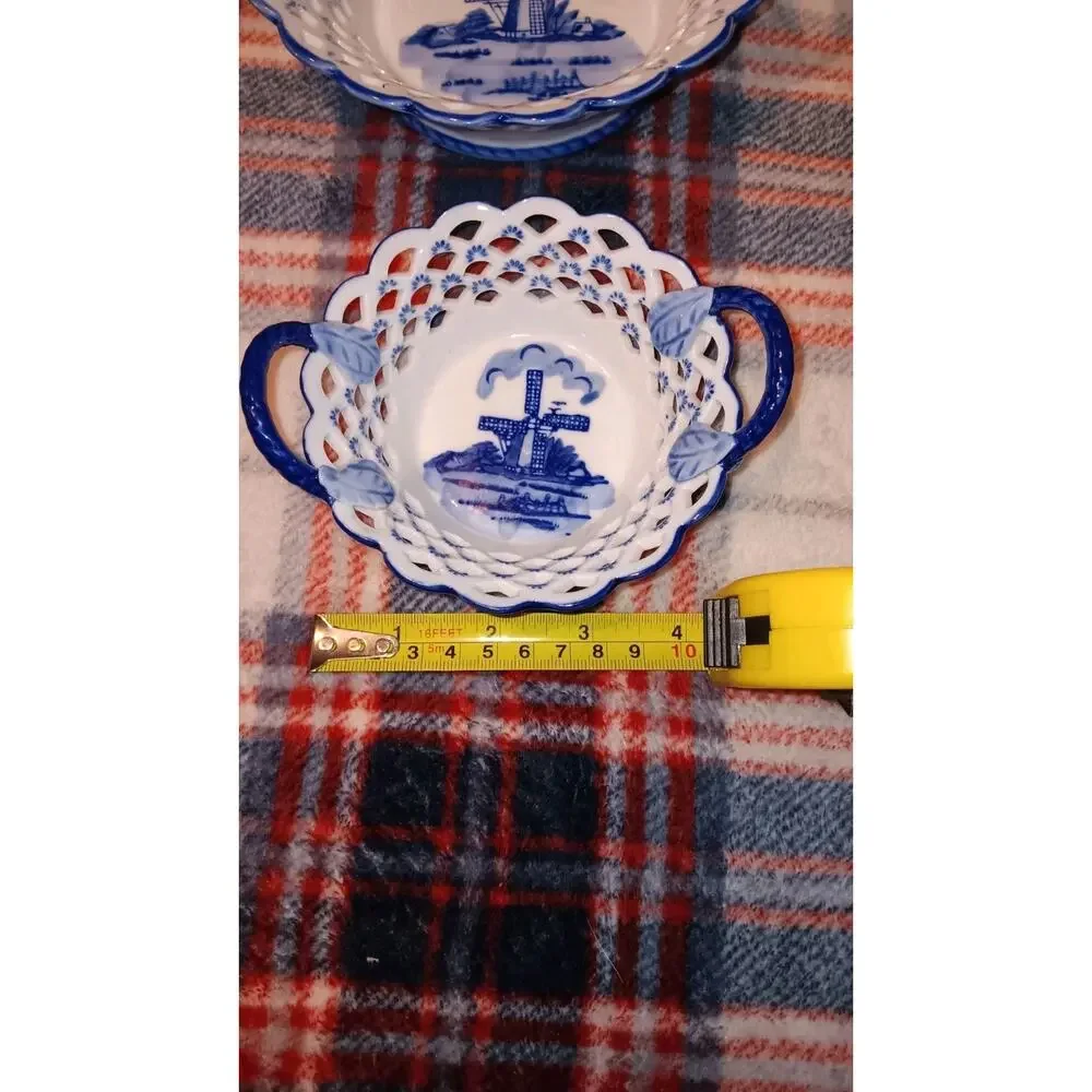 Lot Of 2 Delft Blue Pierced Lattice Trinket Dish, Holland, Windmill Handpainted